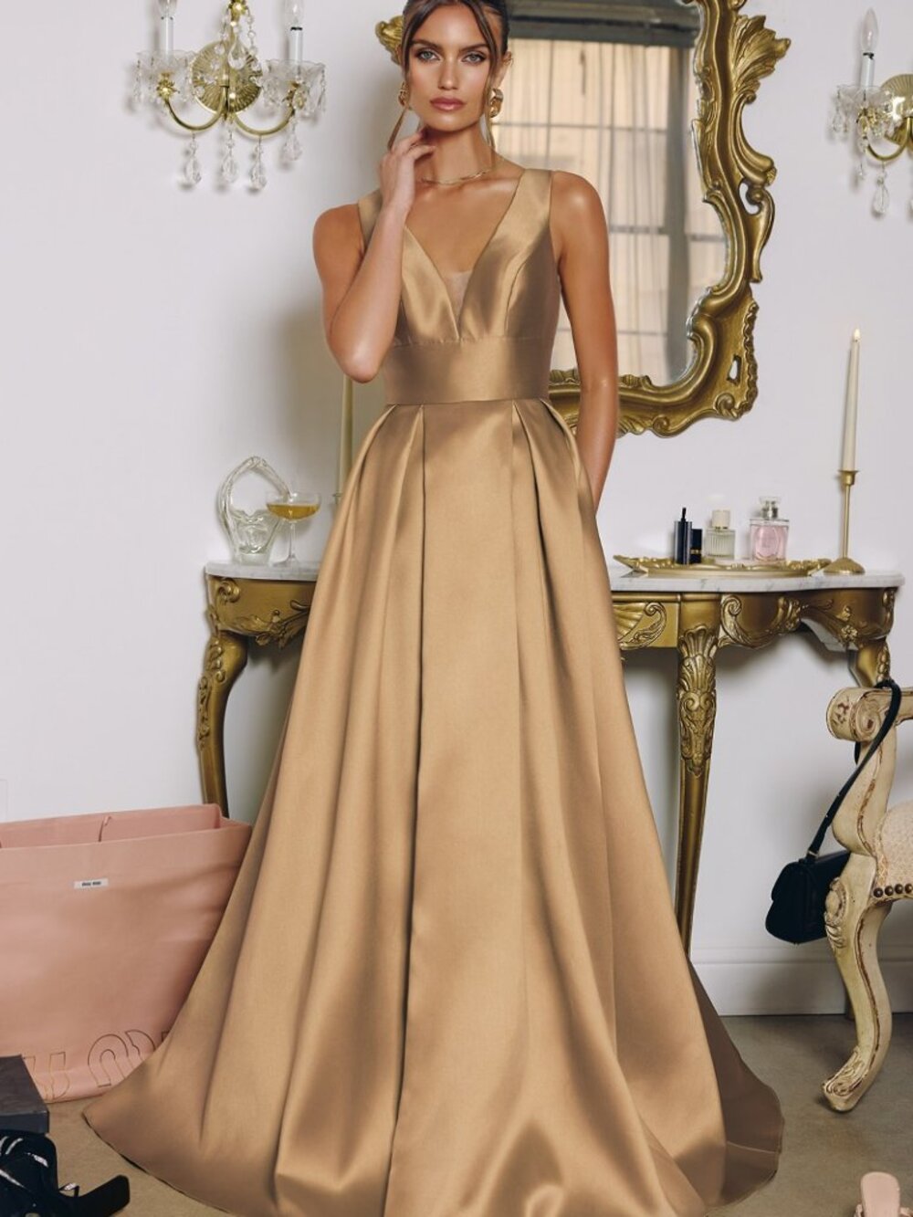 NEW MOCHA GOLD Evening Gown Floor Length Formal Elegant Stunning T814